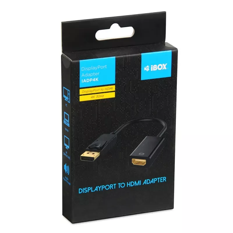 Adapter kablowy DisplayPort na HDMI IBOX iadp4k — DisplayPort (wtyk męski) na HDMI (gniazdo żeńskie), proste złącza, obsługa 4K, srebrny