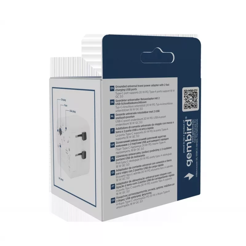 Uniwersalna ładowarka podróżna GEMBIRD TPA-EU1A1C20-01-W 20W, USB-A 18W + USB-C 20W, gniazdo Schuko, wejście 100–250V