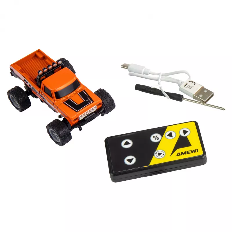 Zdalnie sterowany monster truck Amewi DieCast 1:64 RTR w kolorze pomarańczowym, karoseria odlewana ciśnieniowo, gotowy do jazdy