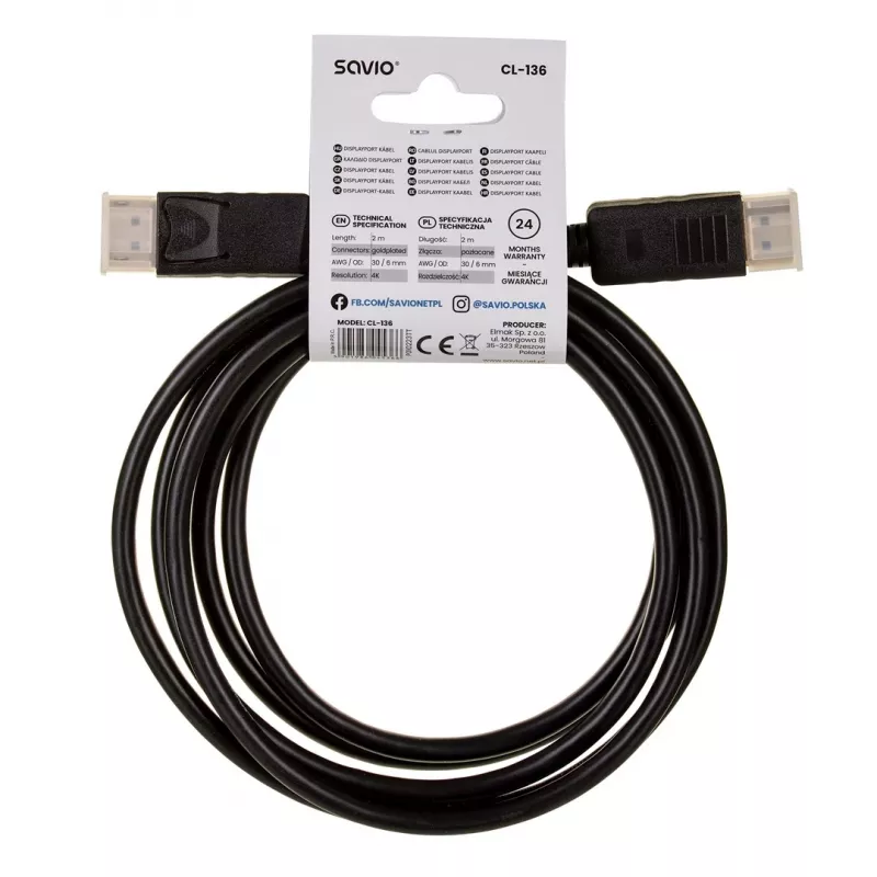 Kabel DisplayPort SAVIO CL-136, DisplayPort męski–męski, 2 m, DP 1.2, pozłacane styki, czarny
