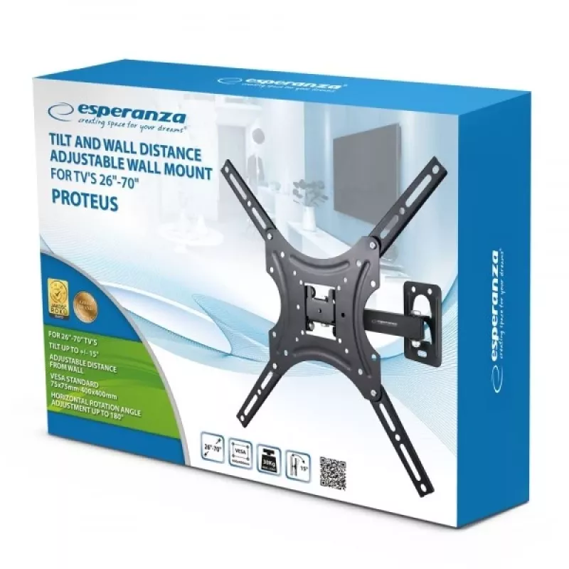 Uchwyt do telewizora ESPERANZA PROTEUS dla 26–70 cali (66–177,8 cm), odchylenie ±15°, obrót 120°, VESA 75×75–400×400, maks. obciążenie 55 kg, czarny