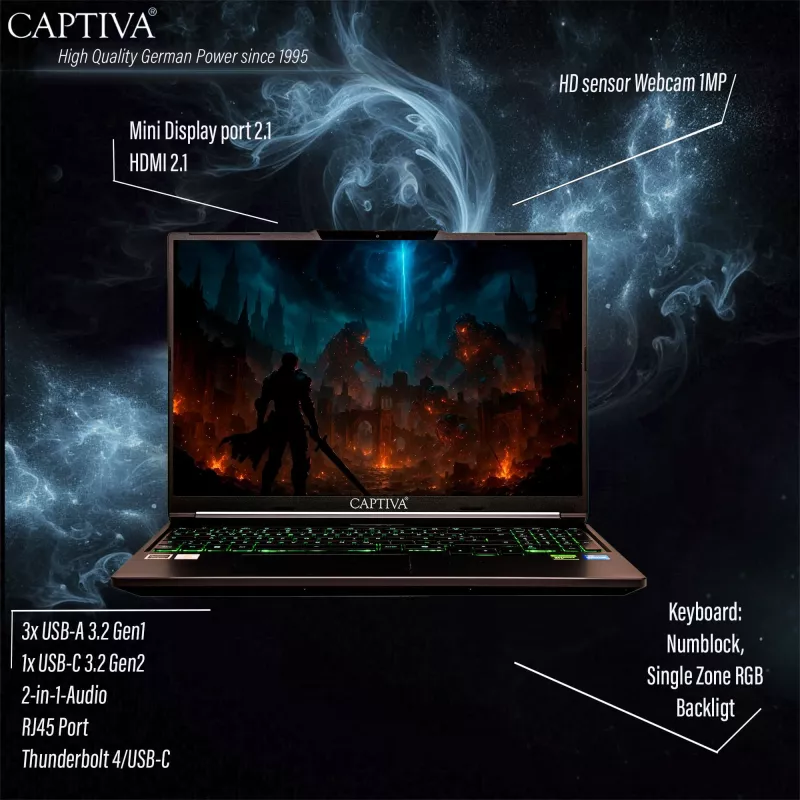 Captiva Highend Gaming I95-052GE Laptop, 16" WQXGA, Intel Core i7-14650HX, 32 GB, 1 TB SSD, NVIDIA GeForce RTX 5070, Windows 11