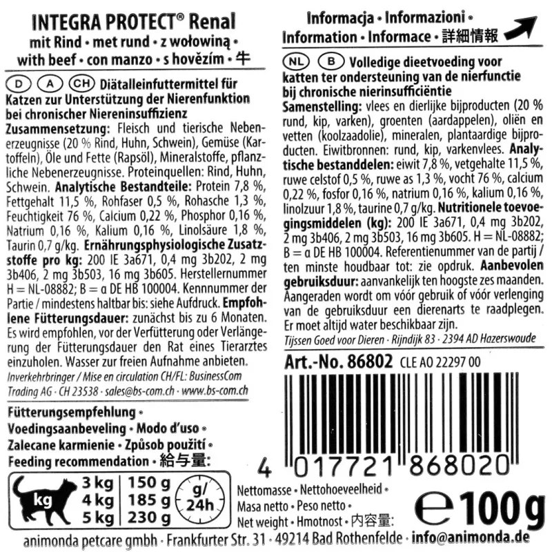 Mokra karma dla kota animonda Integra Protect 100 g — wieprzowina, dla dorosłych kotów, wsparcie nerek, tacka