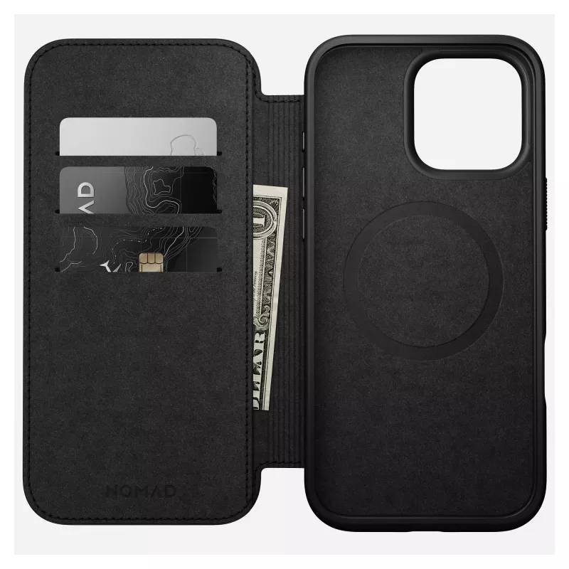 Etui folio Nomad NM01675785 do telefonów Apple, pasuje do 17,5 cm (6,9 cala), czarne, 3 kieszenie na karty, podstawka biurkowa