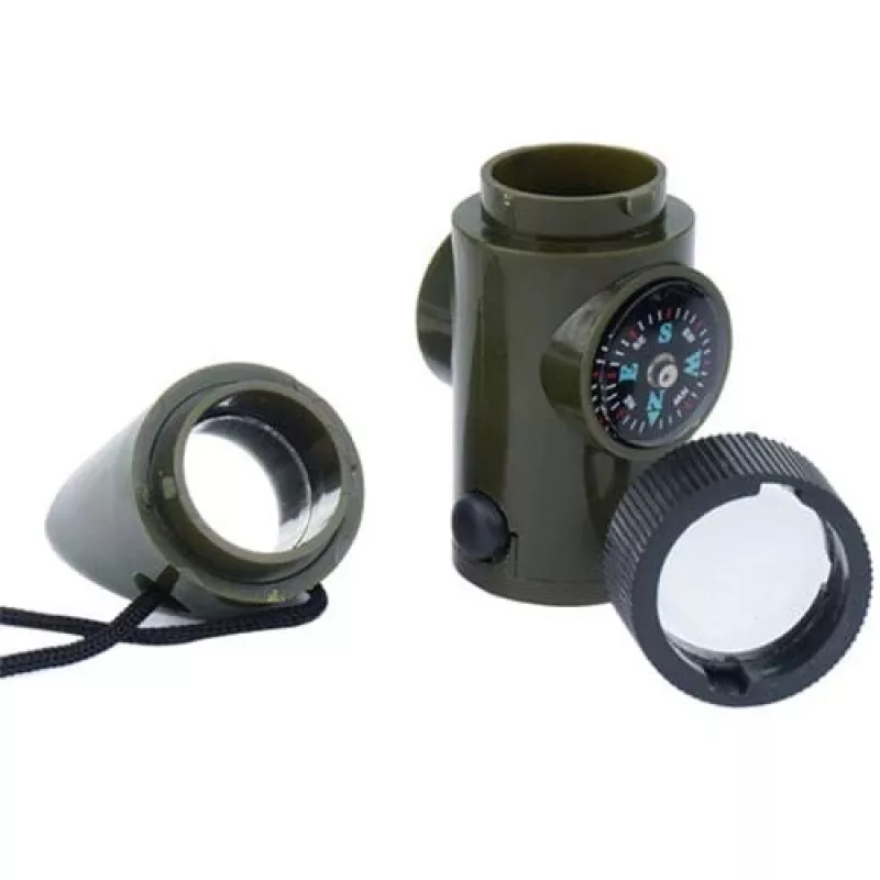Wielofunkcyjny gwizdek survivalowy Mil-Tec SP.22073 — 6-w-1 oliwkowy, kompas, termometr, lusterko, lupa, światło, 100×35×30 mm