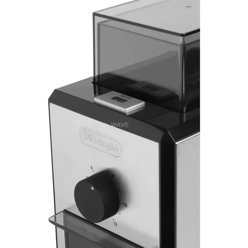 Młynek do kawy De’Longhi KG89 — pojemność na ziarna 120 g, 110 W, 12 filiżanek, obudowa ze stali nierdzewnej i tworzywa sztucznego