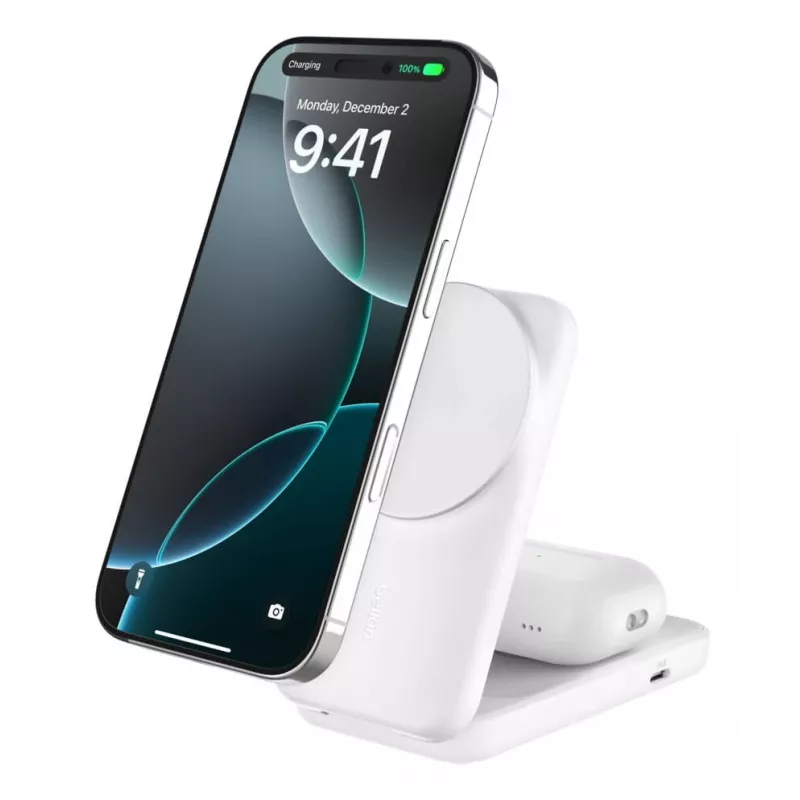 Belkin UltraCharge 25W Qi2 składana bezprzewodowa stacja ładująca 2w1, biała (WIZ038KQWH)