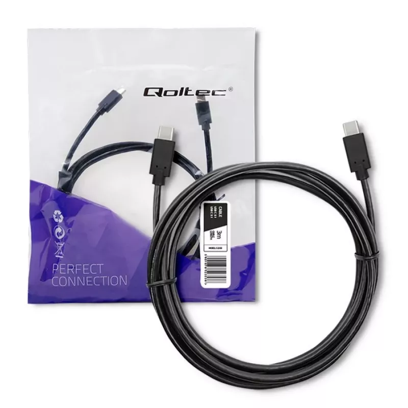 Kabel USB 3.1 Type-C męski - Type-C męski to produkt Qoltec z naszej oferty kabli USB. Cechy: czarne wykończenie, waga 0,0865, typ: kabel.
