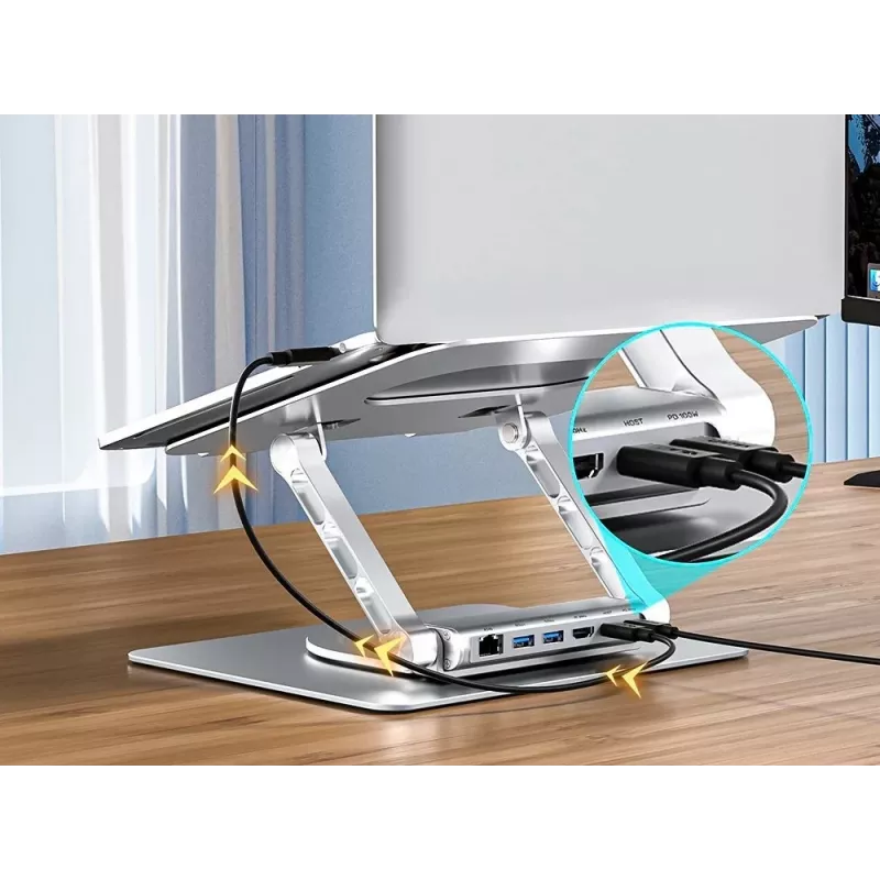 Stojak na laptopa Unitek D1109B01 — aluminiowy regulowany stojak z odłączanym modułem USB‑C HDMI 4K PD 100W, 2x USB‑A, RJ‑45, do 17 cali
