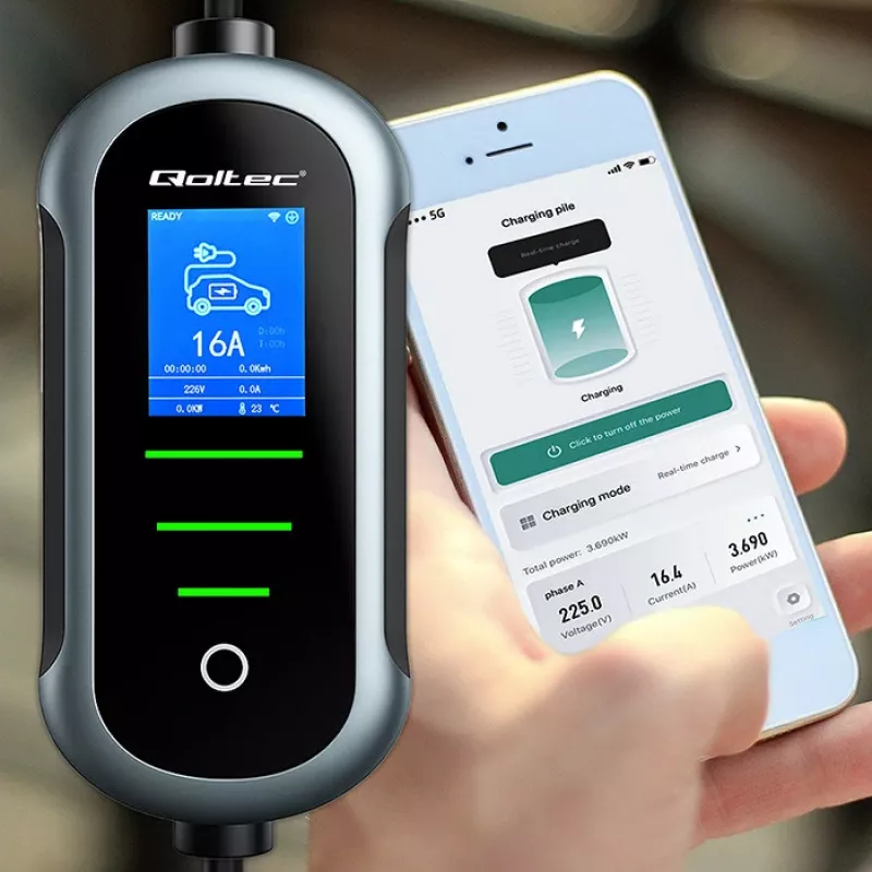 Ładowarka samochodowa elektryczna QOLTEC Mobile EV 2in1 Type2 11 kW 400 V Wi‑Fi TUYA SMART LIFE LCD przenośna wallbox kabel 5 m