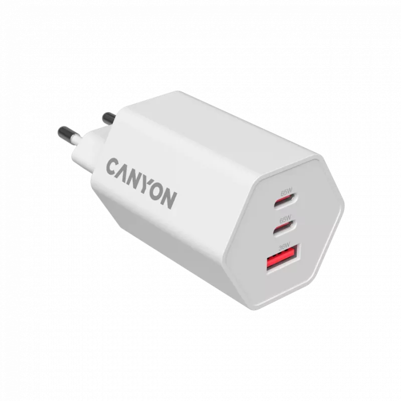 Ładowarka CANYON HEXAGON 65 GaN 65W 2xPD 1xQC EU Biała CND-CHAHEX65W