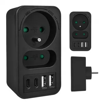 Rozgałęźnik zasilania MACLEAN MCE249 F/B — 2 gniazda AC (16A + 6A) z 2×USB-A i 2×USB-C PD 20W, wtyk EU, czarny