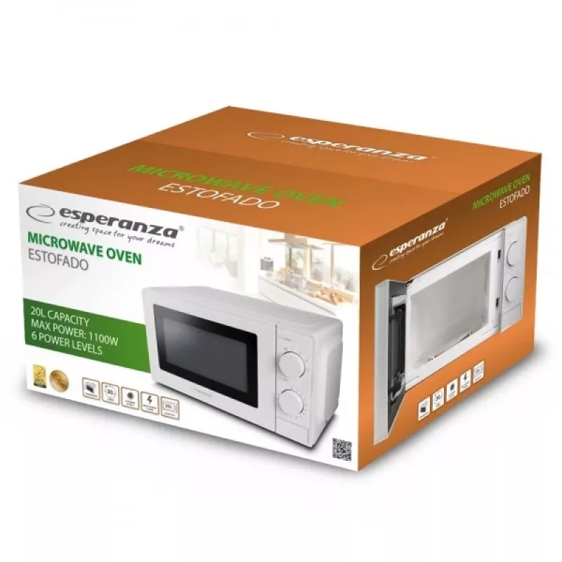 Kuchenka mikrofalowa solo ESPERANZA ESTOFADO — 700 W, 20 l, 5 poziomów mocy, talerz obrotowy 24,5 cm, biały