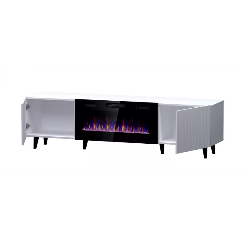 Szafka RTV Cama Meble PAFOS EF z kominkiem elektrycznym 180×42×49 cm, biały mat