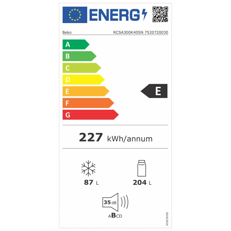BEKO Lodówka RCSA300K40SN, Klasa energetyczna E, Wysokość 181 cm, Stal nierdzewna