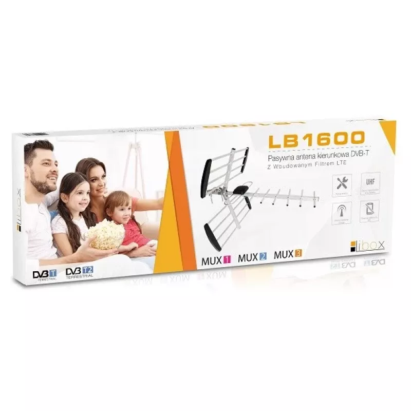 Antena kierunkowa LIBOX LB1600 16-elementowa pasywna DVB-T, UHF 470–790 MHz, VHF 174–230 MHz, zysk 18 dB, filtr LTE