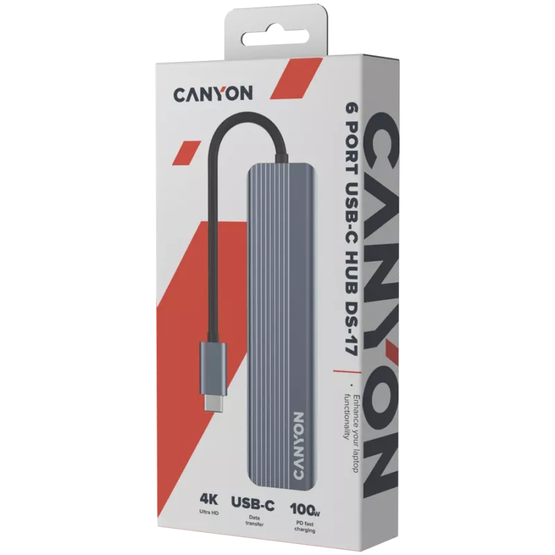 Koncentrator USB typu C CANYON DS-17 — HDMI, USB 3.2 Gen 1 A, USB-C, MicroSD, 10000 Mbit/s, szary