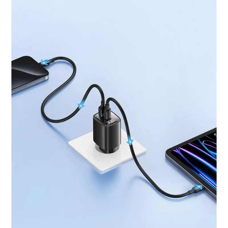 Ładowarka usams CC229 30W GaN USB-C i USB LED kompaktowa ładowarka podróżna