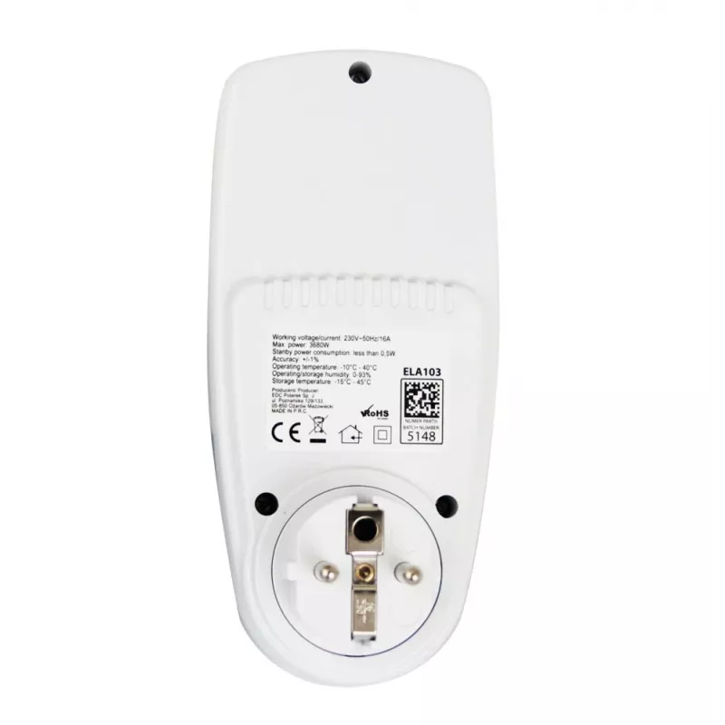 Miernik zużycia energii ESPERANZA ELA103 z wyświetlaczem LCD — 16 A, 3680 W, 230 V, 50–60 Hz