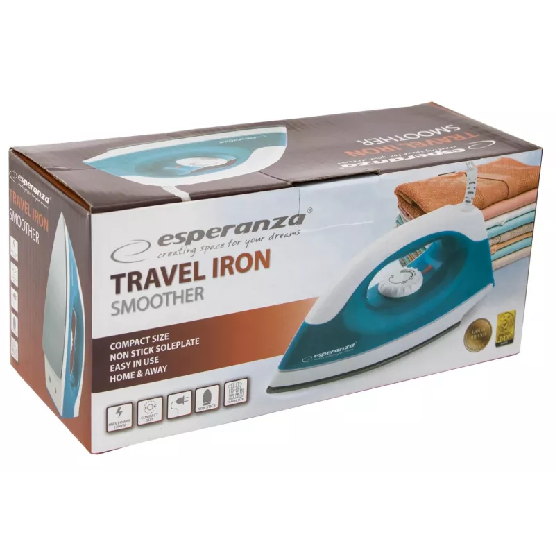 Żelazko suche Esperanza TRAVEL IRON SMOOTHER — 1200 W, nieprzywierająca stopa, przewód 1.4 m, wskaźnik temperatury, konstrukcja podróżna