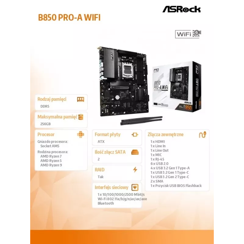 Płyta główna ASRock B850 Pro-A WiFi AMD B850 Socket AM5 ATX