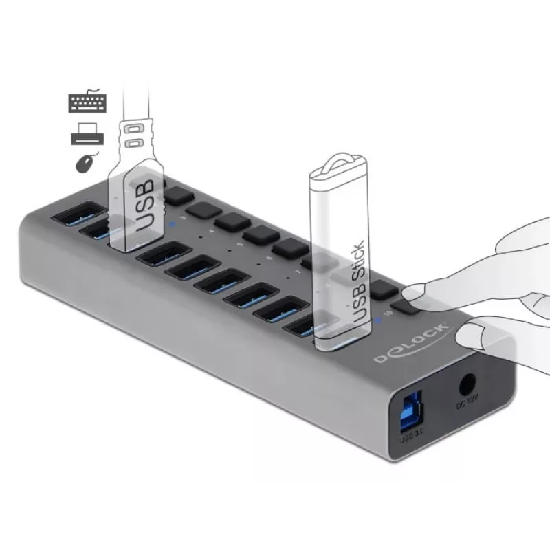 DeLOCK Zewnętrzny Hub USB 5 Gbps z 10 portami + przełącznik