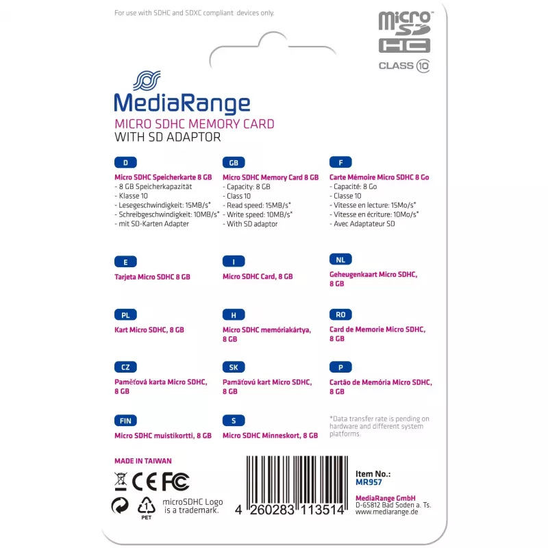 Karta pamięci Micro SDHC 8GB C10/W/ADAPTER MR957 Mediarange