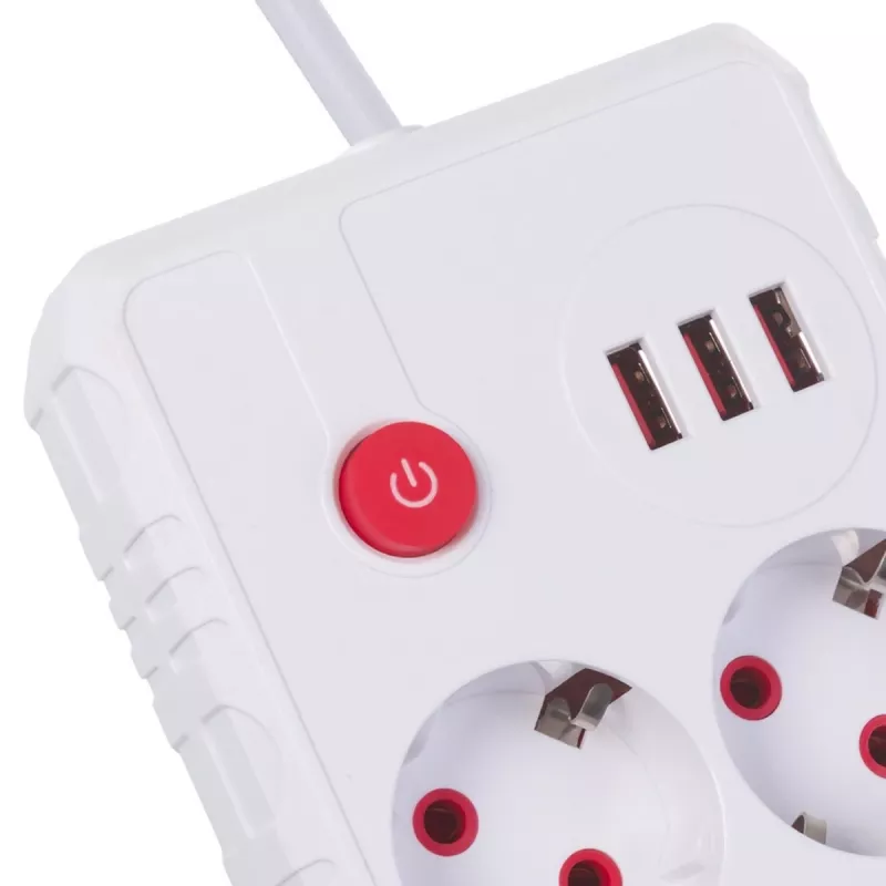 Listwa zasilająca MACLEAN MCE388 W — 2 gniazda, 3×USB, 110–240V, 2500W, kabel 3 m, biała