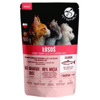 Mokra karma dla kota w saszetce PetRepublic CAT saszetka dla kota DOROSŁEGO 100 g, filety z rozdrobnionym łososiem
