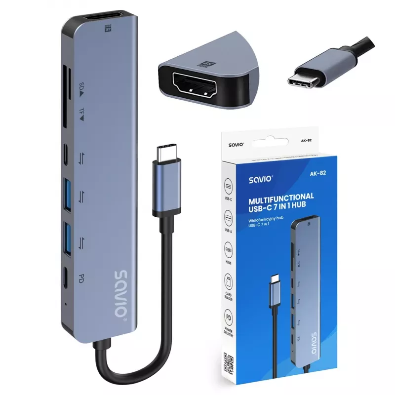 Hub USB Type-C SAVIO AK-82 z HDMI, MicroSD, USB 3.2 Gen1, PD passthrough, 4K@30Hz, 5000 Mbit/s, czarny