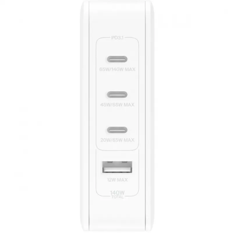 Ładowarka ścienna 140W 4-porty (3xC 1xA) z wtyczkami UK, EU, US biała