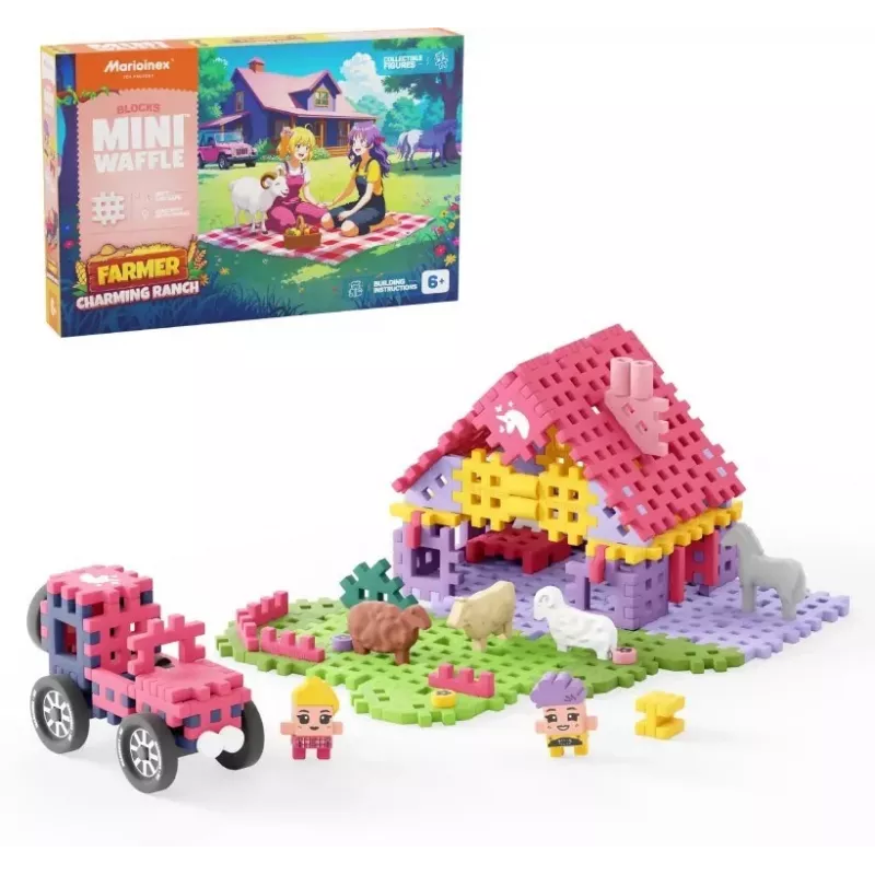 Zestaw konstrukcyjny Marioinex Mini Waffle 112 elementów – Farmer Urocze Ranczo, wielokolorowy, wiek 6+