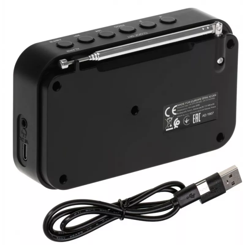 Przenośne radio cyfrowe Adler AD 1907 — AM/FM, tuner cyfrowy, alarm, USB-C, bateria 600 mAh, LCD, 20 ustawień, antena teleskopowa