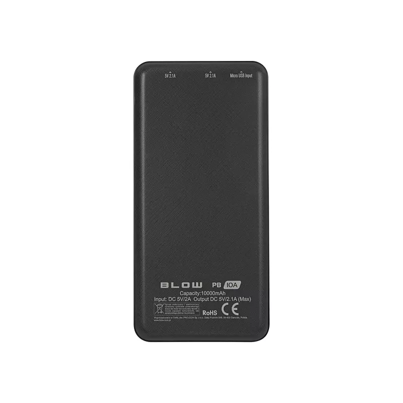 Przenośny powerbank BLOW PB10A 10000mAh bateria polimerowa, 2x wyjścia USB-A, 22,5W łącznie, wejście Micro‑USB, czarny