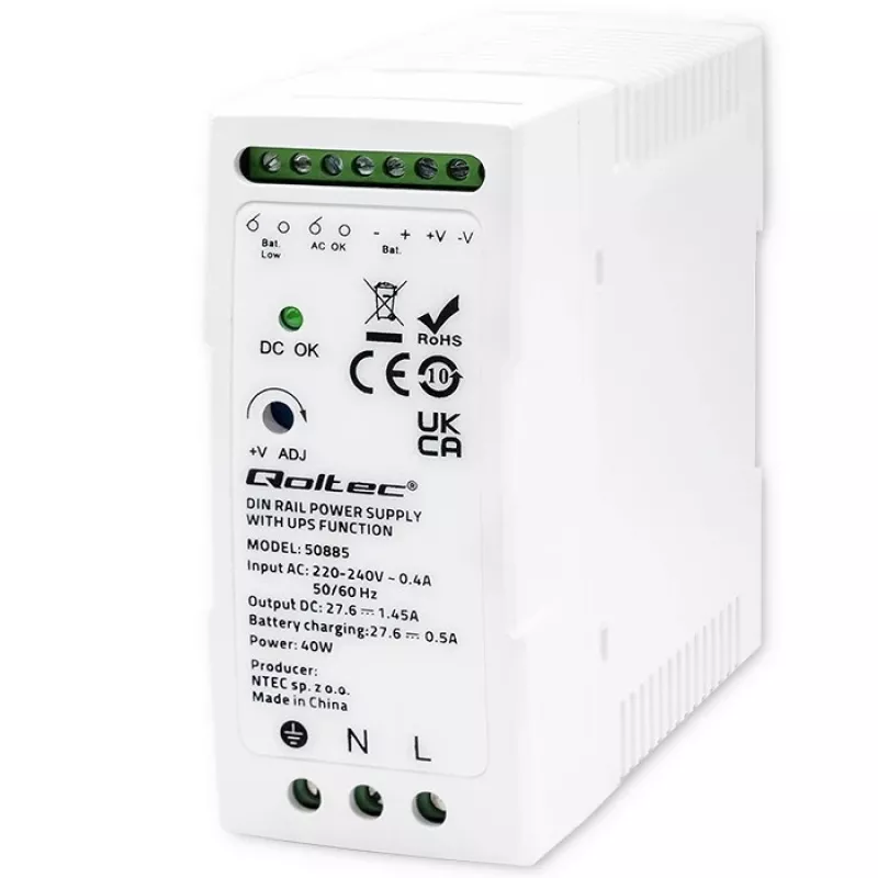 Qoltec 50885 Stabilny zasilacz na szynę DIN z funkcją UPS | 40 W