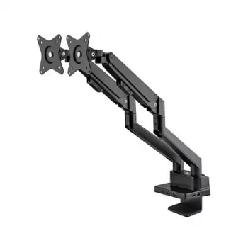 Manhattan Dual Desk Mount do telewizorów i monitorów (pełny ruch, sprężyna gazowa) z wbudowaną stacją dokującą, do ekranów do 27 cali, porty (x7): Ethernet, HDMI (x2), USB-A (x3) i USB-C, zasilanie Power Delivery (100 W) do portu USB-C (wymagana oddzielna ładowarka ścienna / kabel USB-C), VESA: 75x75 i 100x100 mm