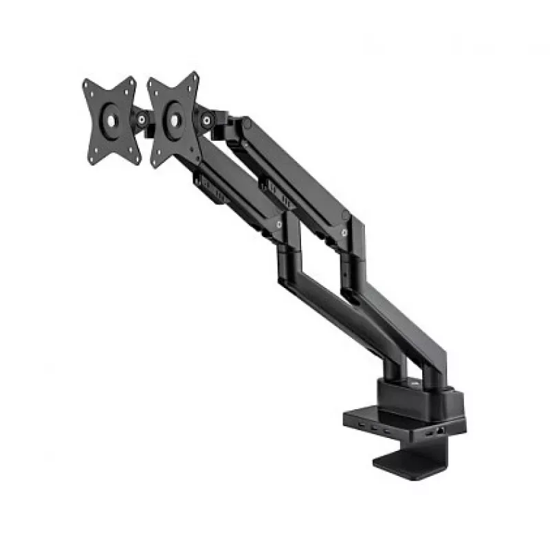 Manhattan Dual Desk Mount do telewizorów i monitorów (pełny ruch, sprężyna gazowa) z wbudowaną stacją dokującą, do ekranów do 27 cali, porty (x7): Ethernet, HDMI (x2), USB-A (x3) i USB-C, zasilanie Power Delivery (100 W) do portu USB-C (wymagana oddzielna ładowarka ścienna / kabel USB-C), VESA: 75x75 i 100x100 mm