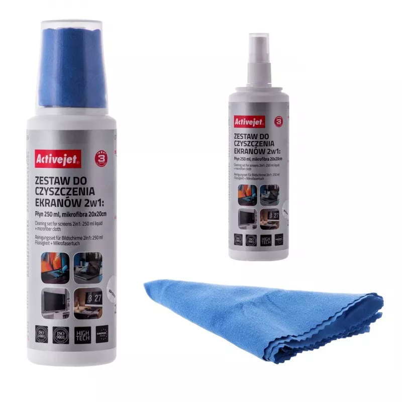 Zestaw do czyszczenia sprzętu – ściereczki i płyn ActiveJet AOC-269, ściereczka z mikrofibry 200x200 mm, spray 250 ml, 2 szt.