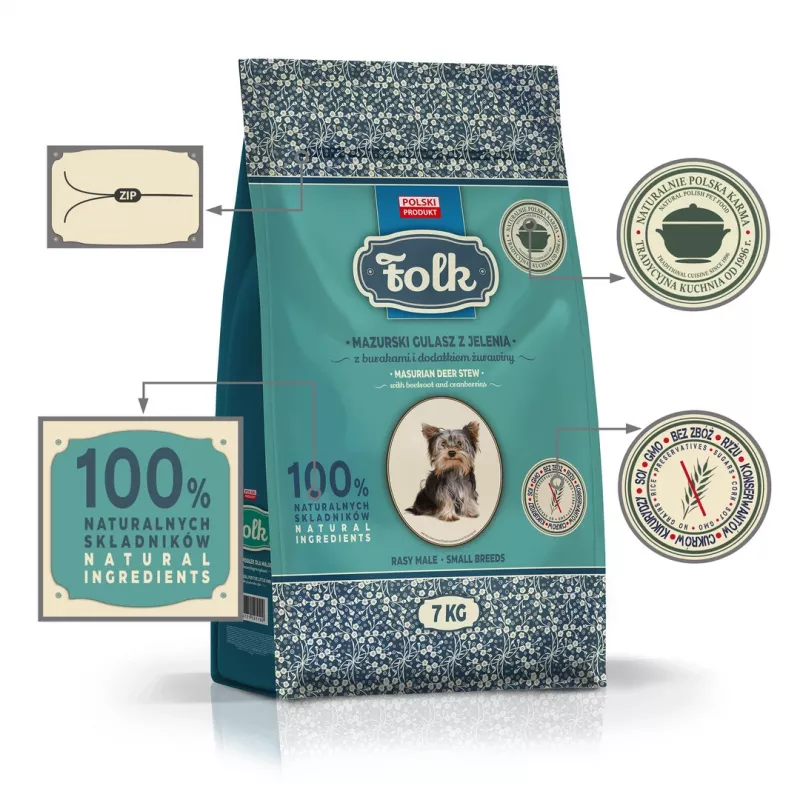 FOLK Small breeds Tradycyjny mazurski gulasz z sarniny z burakami i żurawiną - sucha karma dla psów - 7kg