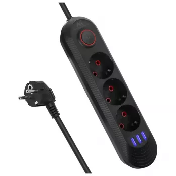 Listwa zasilająca MACLEAN MCE394 B — 3 gniazda + 3×USB A, 110–240 V, USB 2,1 A, 2500 W, kabel 1,5 m, czarna