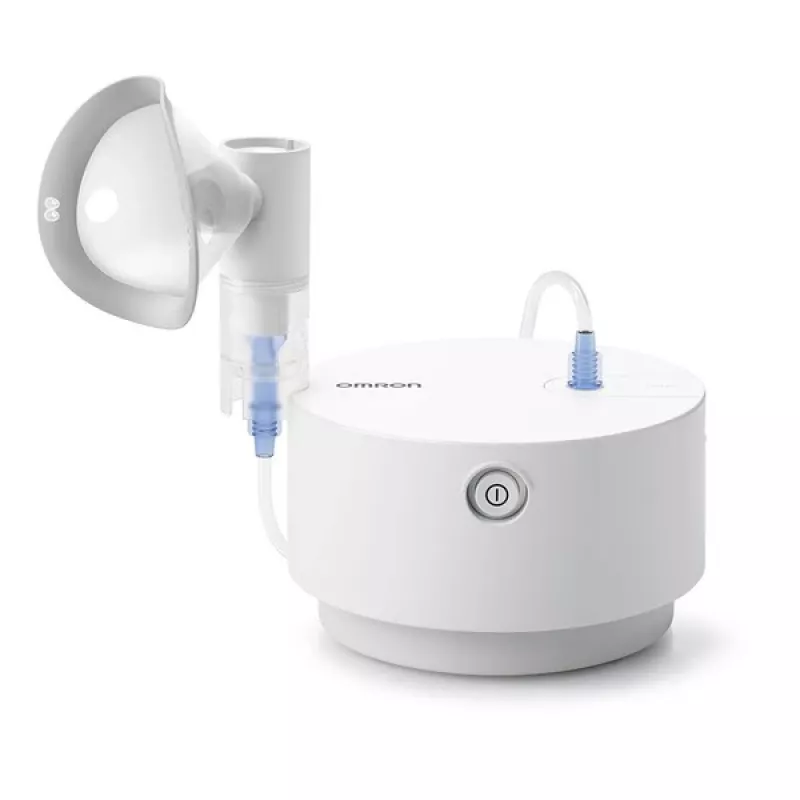 Nebulizator stołowy Omron C28P o wydajności 10 ml/min, wielkości cząstek 2,65 µm, biały, wymiary 265×195×143 mm