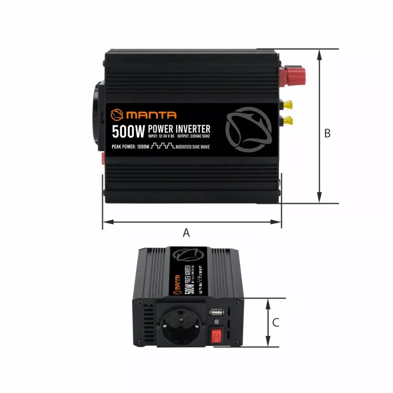 Przetwornica napięcia MANTA MPI500M 500W ciągłej / 1000W szczytowej DC na AC