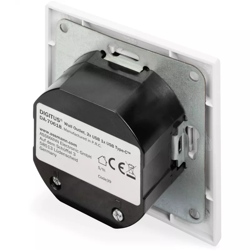 DIGITUS DA-70618 - wyjście USB - USB, USB Type C - 2 porty USB, 1 gniazdo USB-C - 3,1 A - RAL 9003, biel sygnałowa