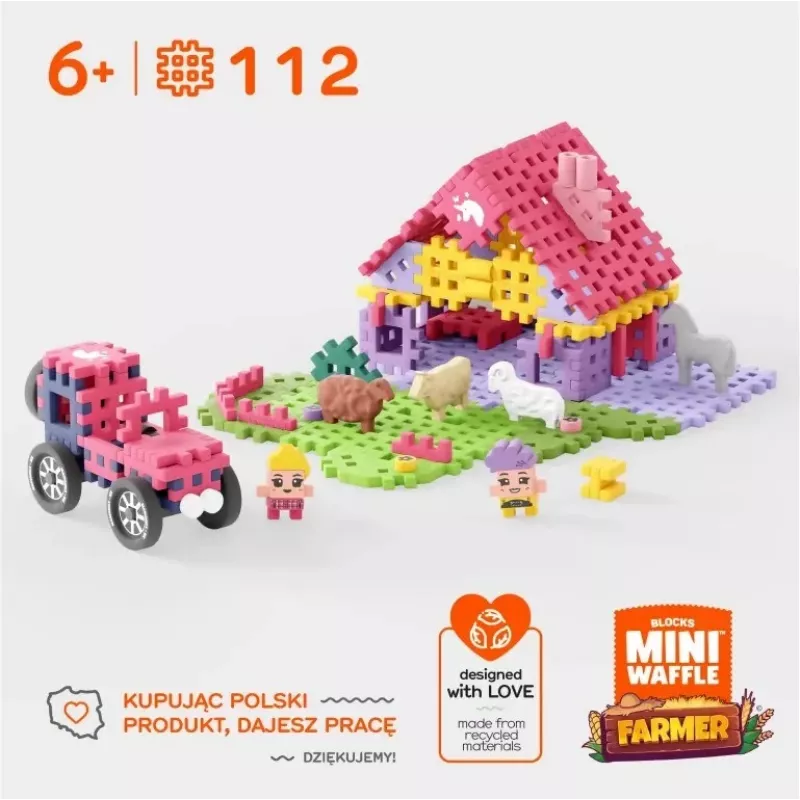 Zestaw konstrukcyjny Marioinex Mini Waffle 112 elementów – Farmer Urocze Ranczo, wielokolorowy, wiek 6+