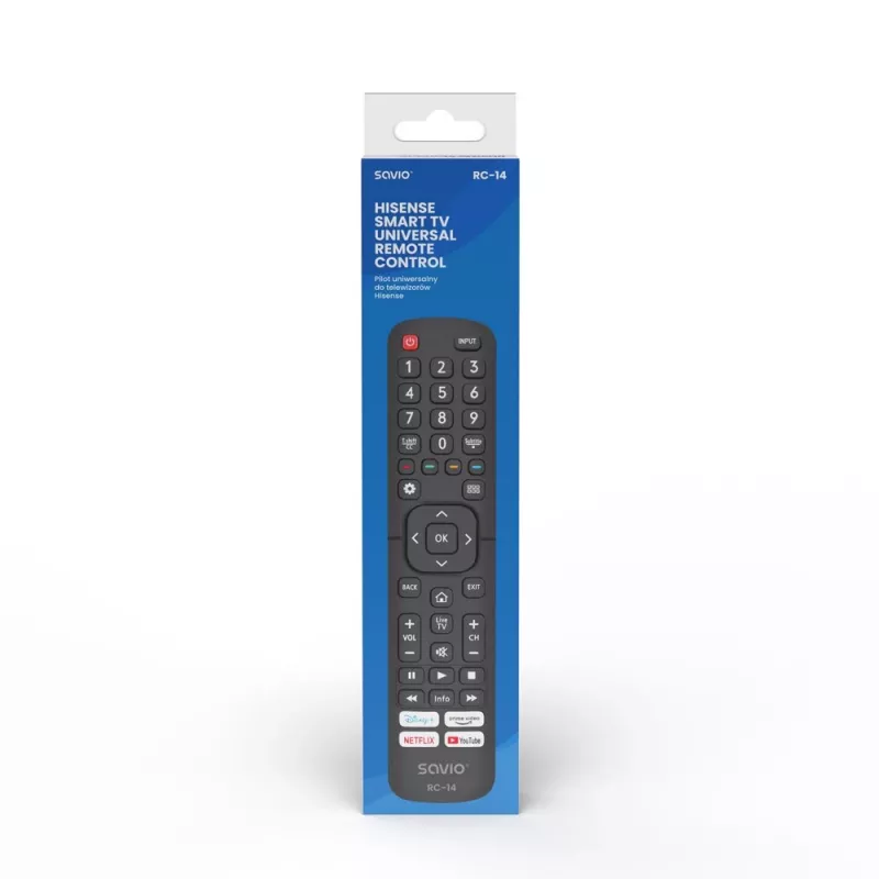 Uniwersalny pilot zdalnego sterowania SAVIO RC-14 do telewizora Hisense Smart TV, bezprzewodowy IR, obsługuje 14 urządzeń, zasięg do 10 m, czarny