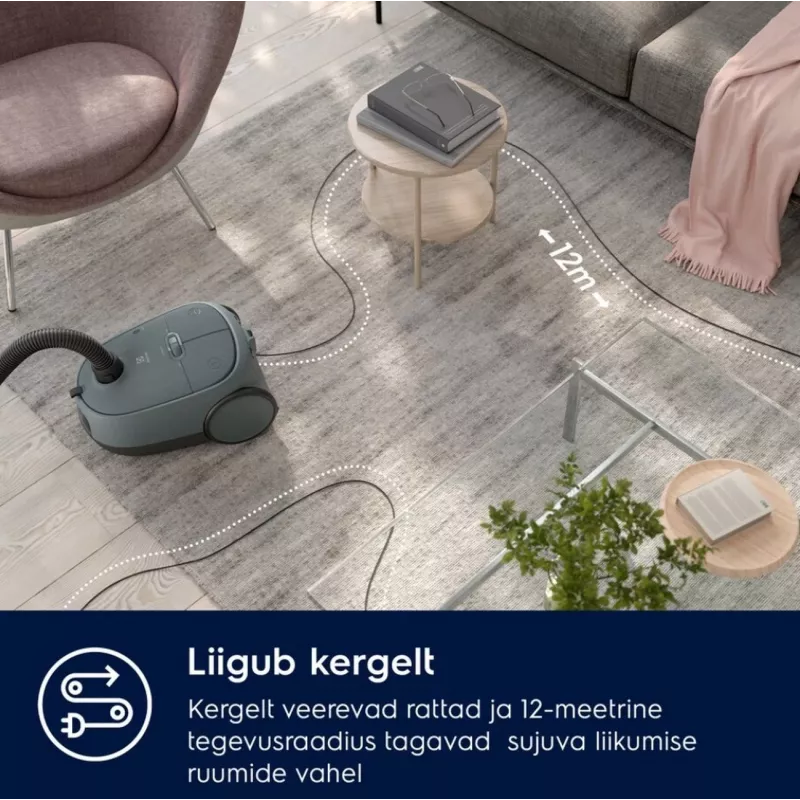 Odkurzacz workowy Electrolux EB61C1OG 850W 3,5L worek na kurz, teleskopowa rura stalowa, EPA12, zasięg 12 m