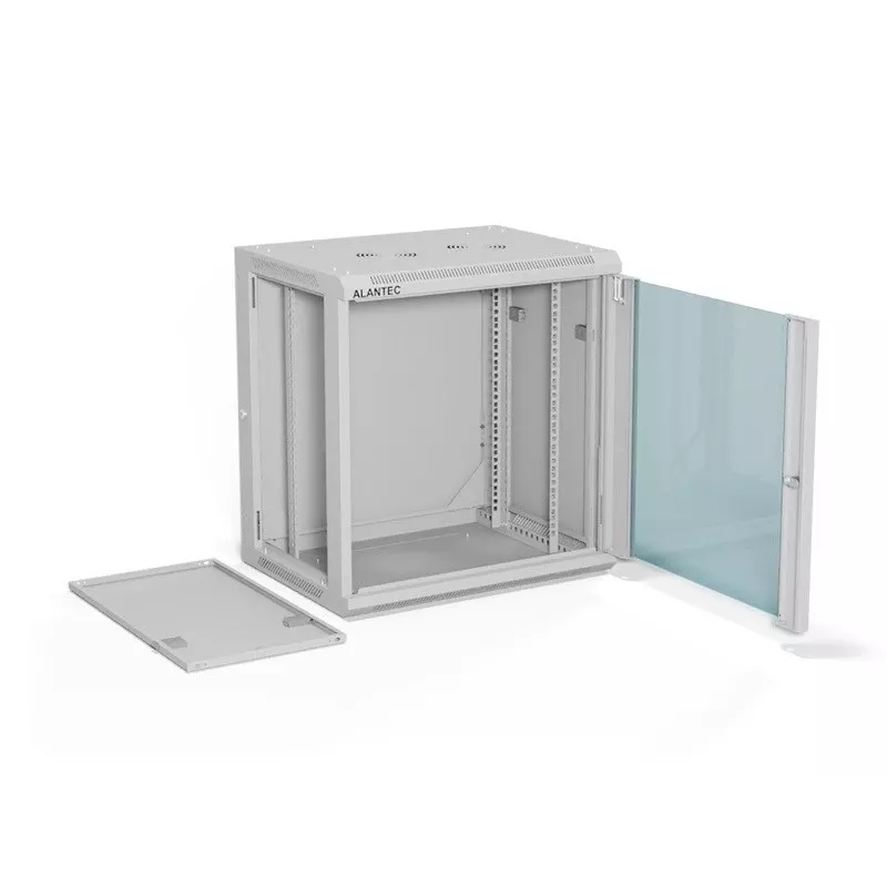 Naścienna szafa 19-calowa Alantec 12U 600x450 mm, pojedyncze szklane drzwi, zdejmowane pełne panele tylne i boczne, zamykana, 4 szyny montażowe, szary, płaski montaż