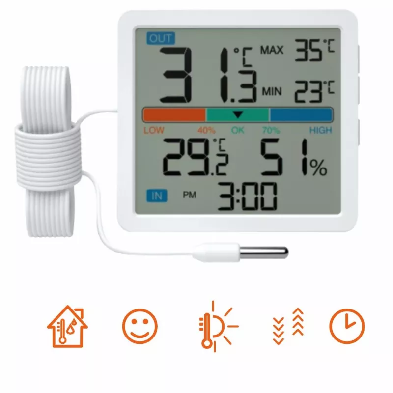 Termohigrometr MANTA MTO002W z czujnikiem zewnętrznym (150 cm), wewnątrz 0–+50°C, na zewnątrz -40–+70°C, wilgotność 20–95% RH, wskaźnik komfortu, zegar