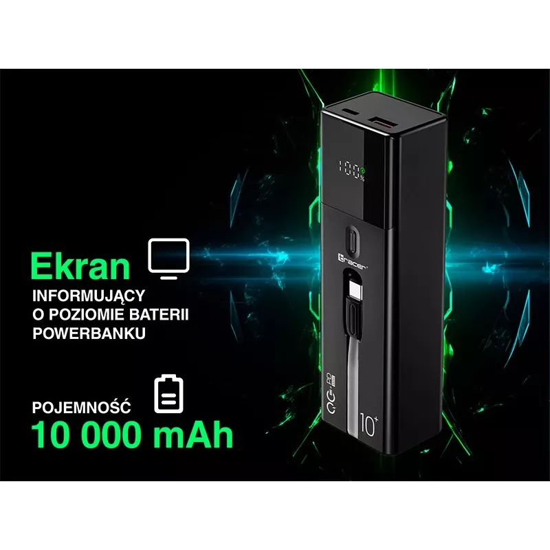 Przenośny powerbank TRACER Quant 10000 mAh Li-Ion, PD i QC3.0, 3 porty (2×USB-C, 1×USB-A), 100W, czarny