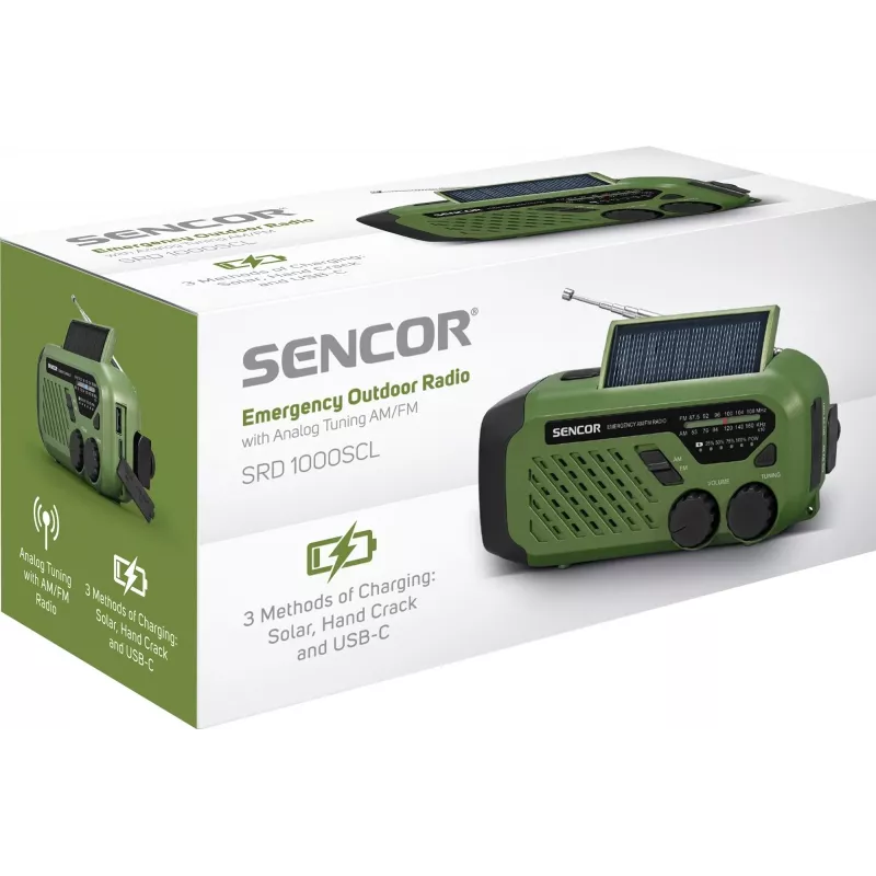 Przenośne radio FM/AM SENCOR SRD1000SCLGR z Bluetooth, ładowanie solarne/korbką/USB-C, akumulator 2000 mAh, IPX4, oświetlenie LED